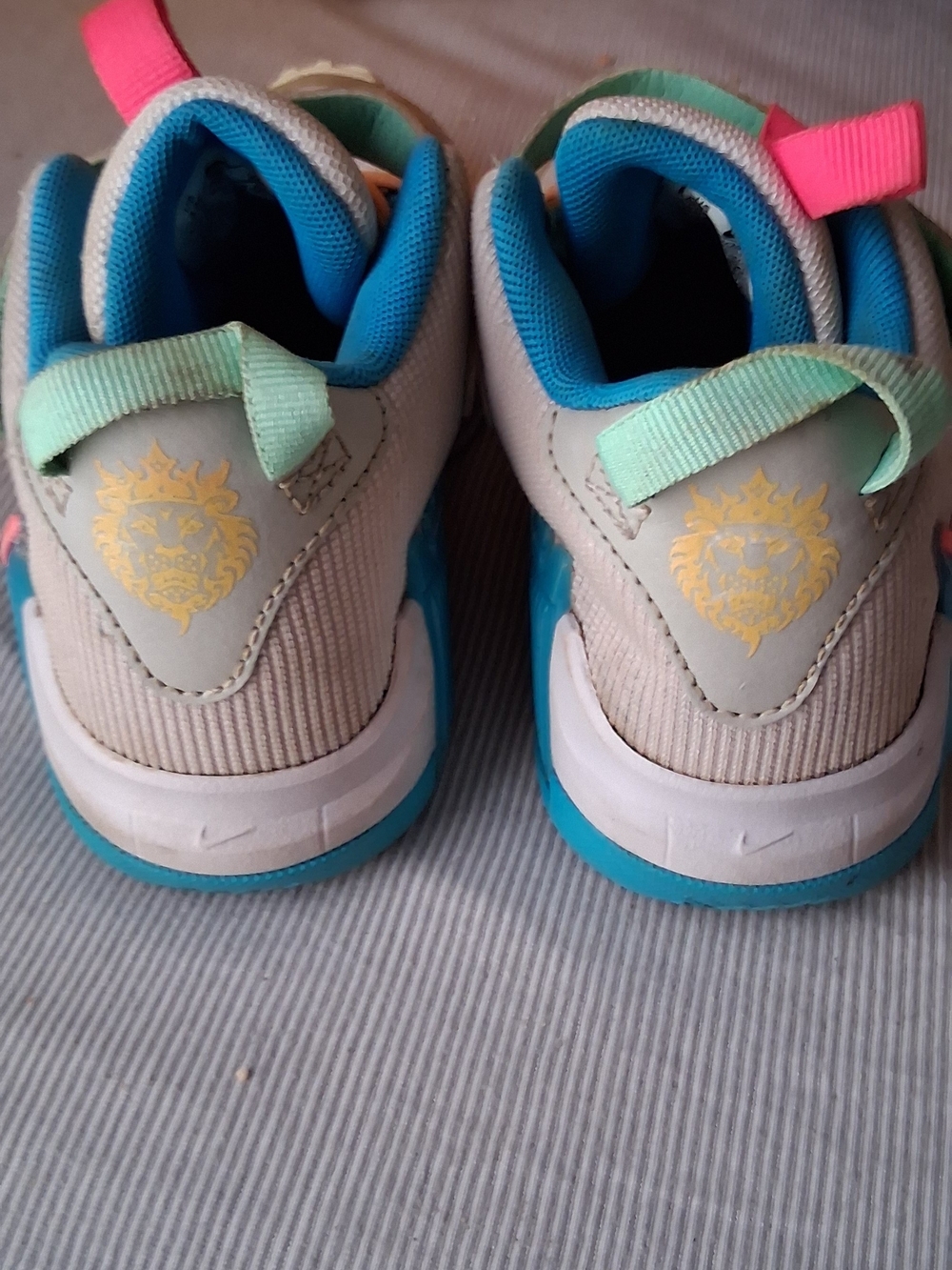 Kids Sneakers in White, Teal & Pink with Gold Lion Accent